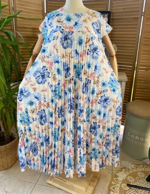 Robe ample longue plissée manches courtes Fleurs Printanières tons bleus du 38 au 48/50