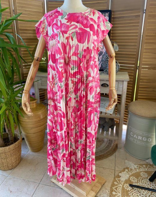 Robe ample longue plissée manches courtes Fleurs Printanières fuschia du 38 au 48/50