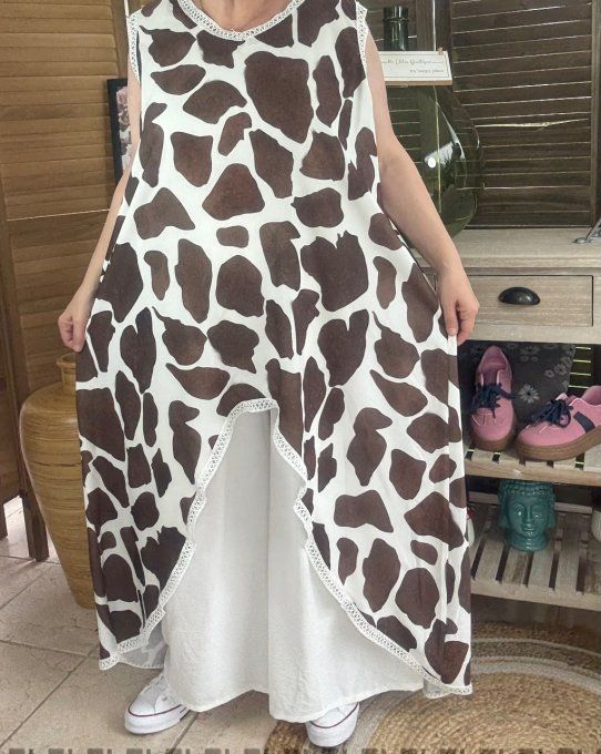 Maxi-tunique asymétrique imprimée cow choco et crème du 40 au 48/50 
