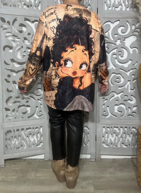 Tunique trapèze beige toucher velours Betty Boop Pin Up douceur +++ du 40 au 54