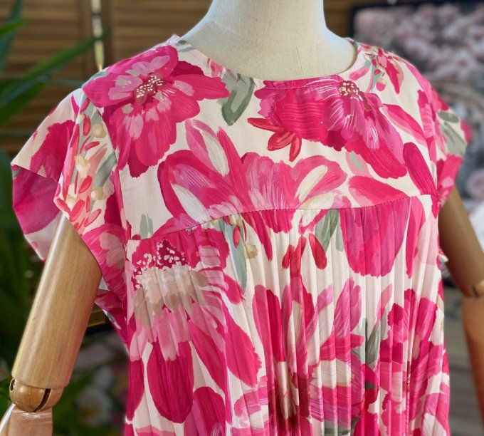 Robe ample longue plissée manches courtes Fleurs Printanières fuschia du 38 au 48/50