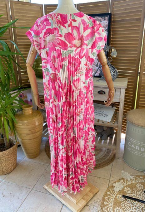 Robe ample longue plissée manches courtes Fleurs Printanières fuschia du 38 au 48/50