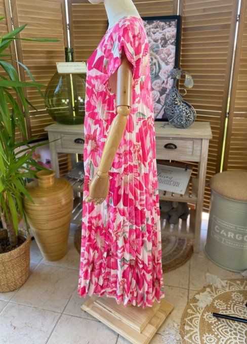 Robe ample longue plissée manches courtes Fleurs Printanières fuschia du 38 au 48/50