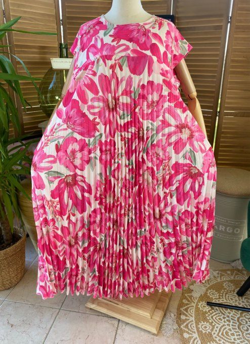 Robe ample longue plissée manches courtes Fleurs Printanières fuschia du 38 au 48/50