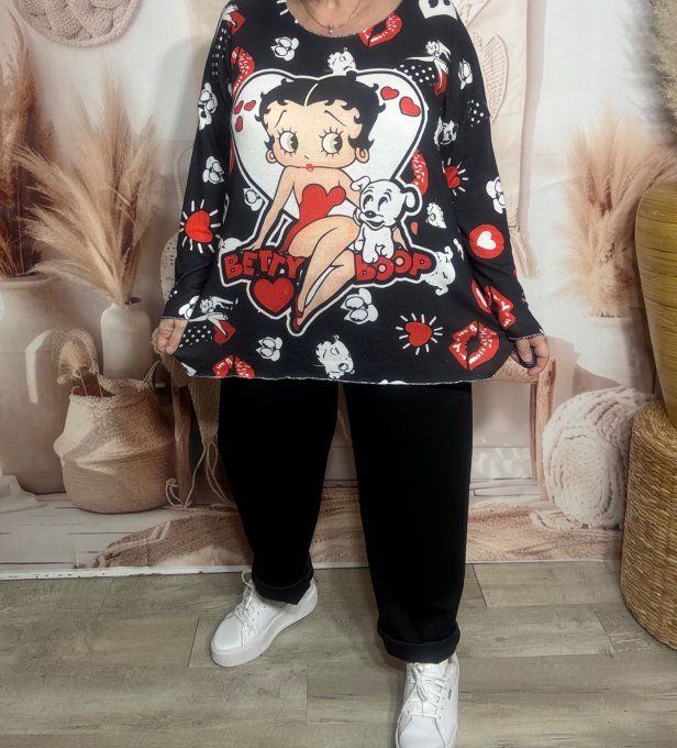 Top manches longues noir Betty Boop & son chien Pudgy du 40 au 50/52