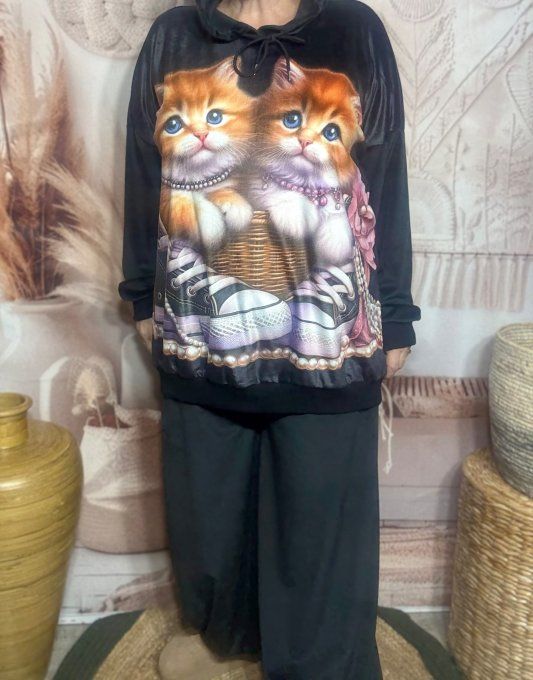 Survêtement ou Ensemble détente velours noir Les 2 Chats dans le panier du 38 au 52/54 