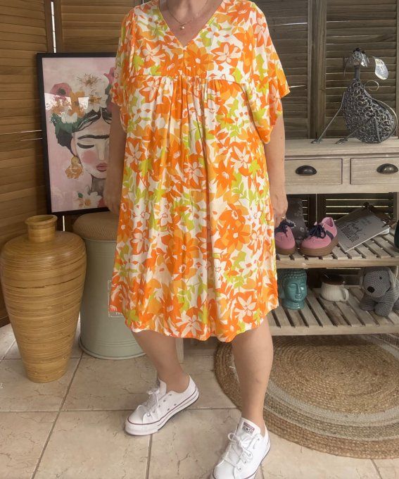 Robe courte trapèze fleurs camaïeu de oranges et verts du 38 au 48  