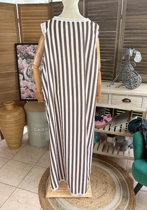 Maxi-tunique asymétrique rayée choco et crème du 40 au 48/50