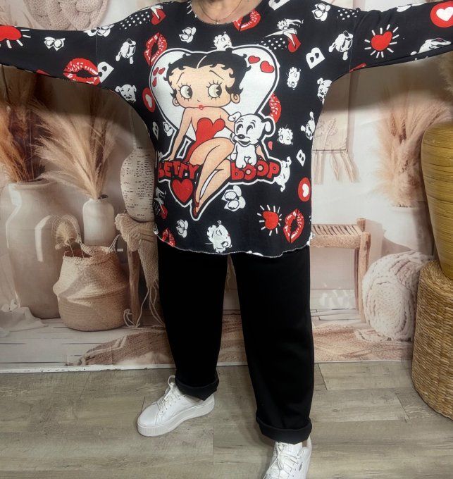 Top manches longues noir Betty Boop & son chien Pudgy du 40 au 50/52