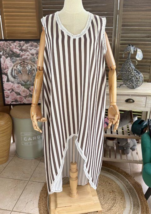 Maxi-tunique asymétrique rayée choco et crème du 40 au 48/50
