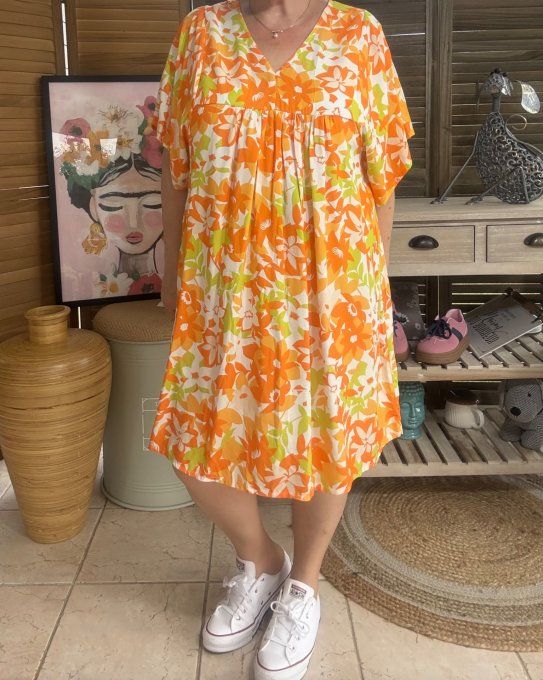 Robe courte trapèze fleurs camaïeu de oranges et verts du 38 au 48  