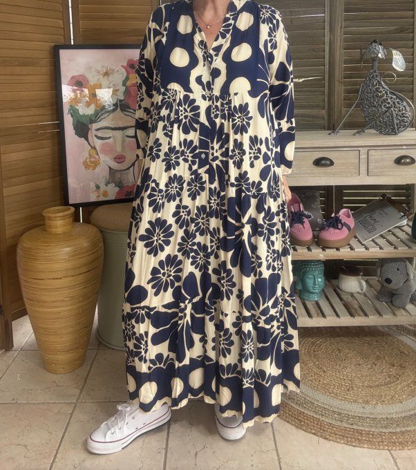 Robe longue trapèze volantée marine & beige Bohème Chic du 38 au 48