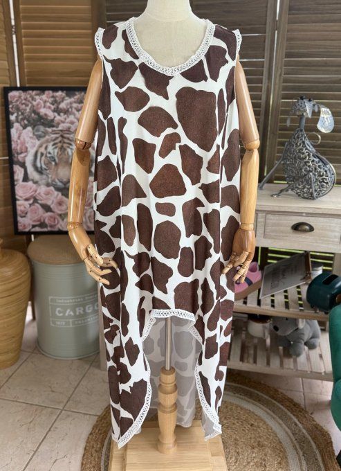 Maxi-tunique asymétrique imprimée cow choco et crème du 40 au 48/50 