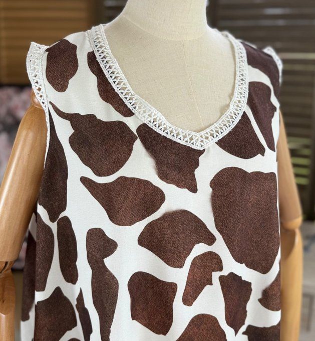 Maxi-tunique asymétrique imprimée cow choco et crème du 40 au 48/50 