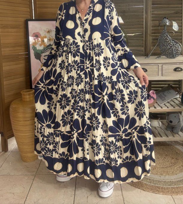 Robe longue trapèze volantée marine & beige Bohème Chic du 38 au 48