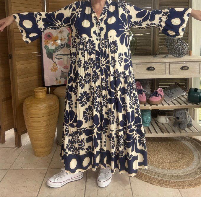 Robe longue trapèze volantée marine & beige Bohème Chic du 38 au 48