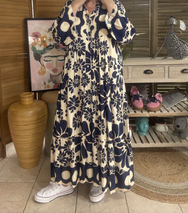 Robe longue trapèze volantée marine & beige Bohème Chic du 38 au 48