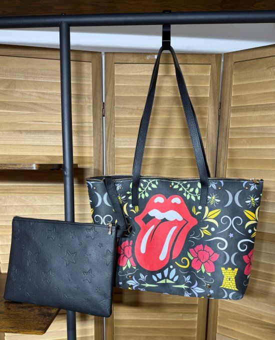 Grand sac besace + pochette suédine & simili-cuir The Rolling Stones qualité ++++ 