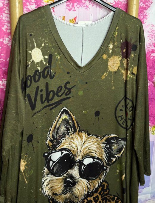Robe longue trapèze Kaki marbré Petit Chien Terrier  douceur +++ du 42 au 54/56 