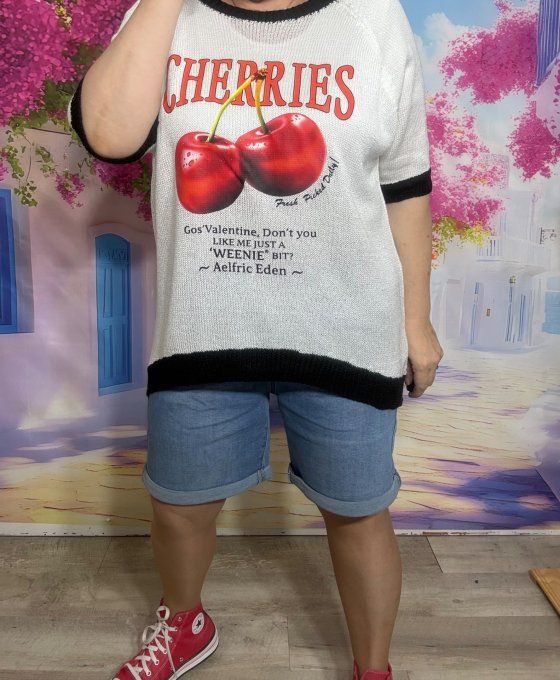 Pull fin SANS LAINE blanc & noir Les Cerises "Cherries" du 40 au 50/52 