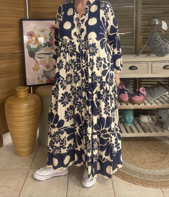 Robe longue trapèze volantée marine & beige Bohème Chic du 38 au 48