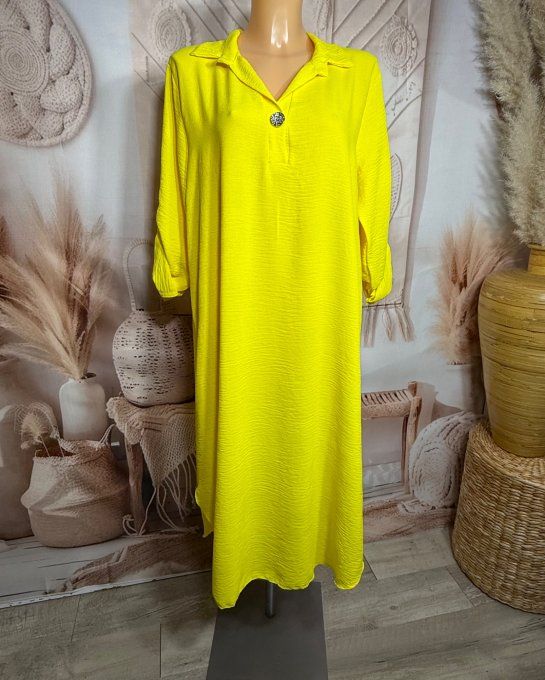 Robe longue jaune citron col polo manches réglables Les Basiques du Dressing du 38 au 46