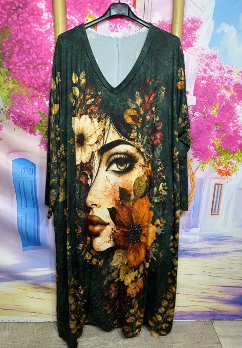 Robe longue trapèze vert bouteille Visage de Femme et Fleurs d'Automne du 42 au 54/56