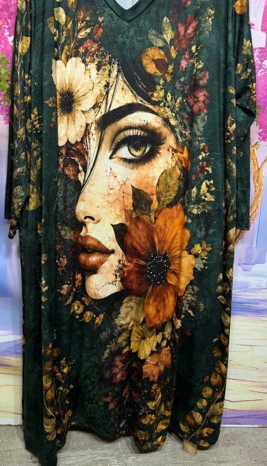 Robe longue trapèze vert bouteille Visage de Femme et Fleurs d'Automne du 42 au 54/56
