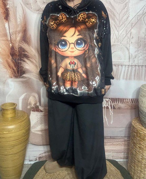 Survêtement ou Ensemble détente velours noir L'adorable Fillette Léopard du 38 au 52/54  