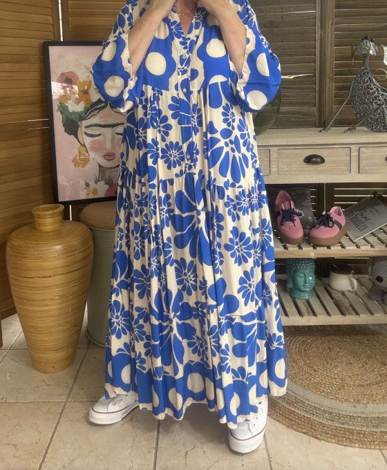 Robe longue trapèze volantée bleu royal & beige Bohème Chic du 38 au 48 
