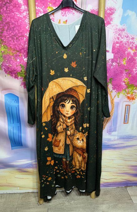 Robe longue trapèze noir marbré vert Petite Fille et son chat sous le parapluie du 42 au 54/56