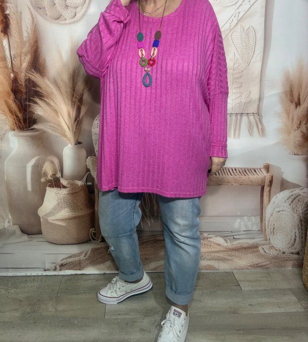 Tunique oversize côtelée rose fuschia + collier douceur +++  du 42 au 58/60 et même + 