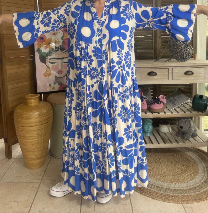 Robe longue trapèze volantée bleu royal & beige Bohème Chic du 38 au 48 