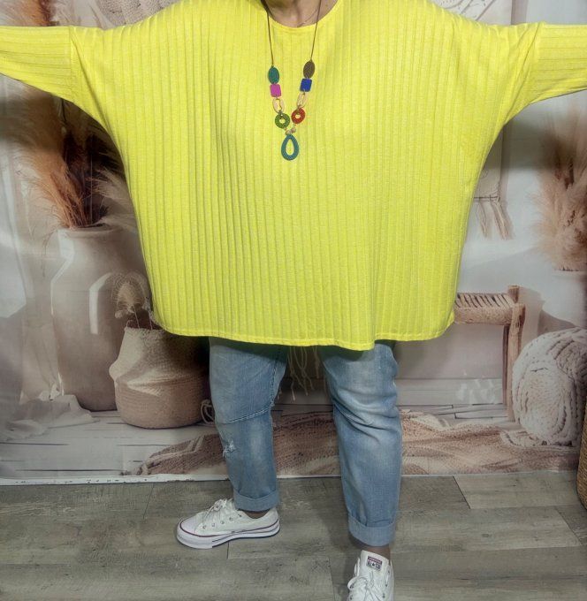 Tunique oversize côtelée jaune doux + collier douceur +++  du 42 au 58/60 et même + 