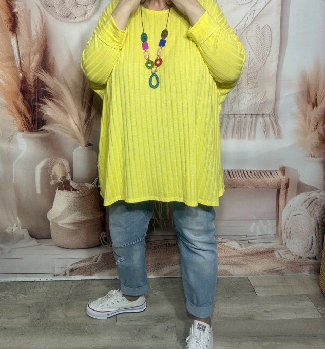 Tunique oversize côtelée jaune doux + collier douceur +++  du 42 au 58/60 et même + 