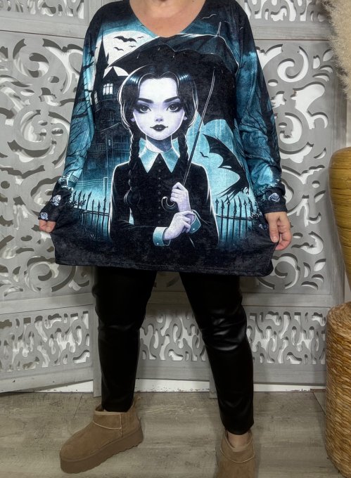 Tunique trapèze noire toucher velours Mercredi Famille Addams douceur +++ du 40 au 54