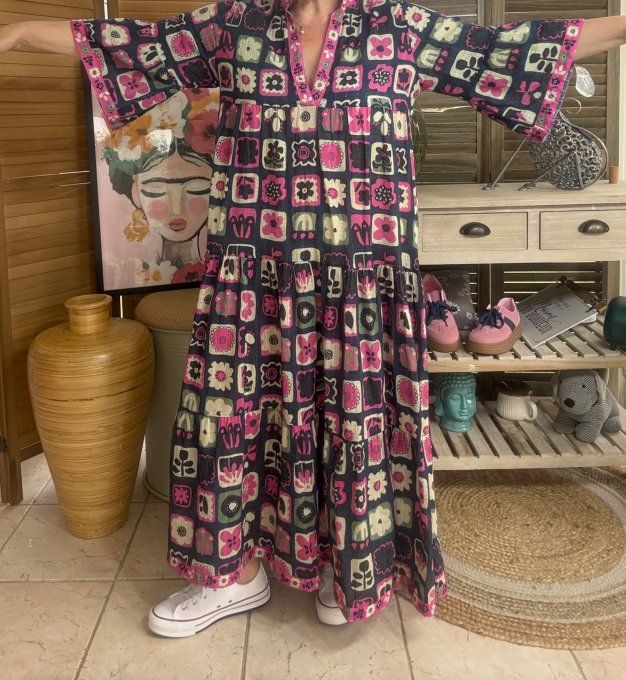 Robe longue trapèze volantée marine façon Patchwork Bohème Chic du 38 au 46/48