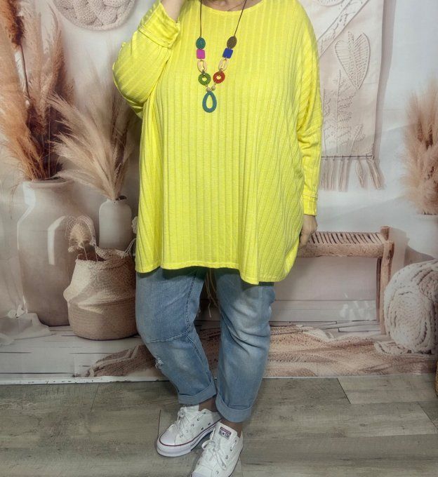 Tunique oversize côtelée jaune doux + collier douceur +++  du 42 au 58/60 et même + 