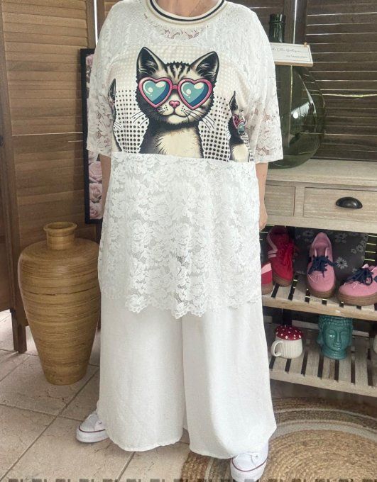 Tunique ample dentelle blanche Les Chats aux Lunettes Coeurs du 40 au 50/52  
