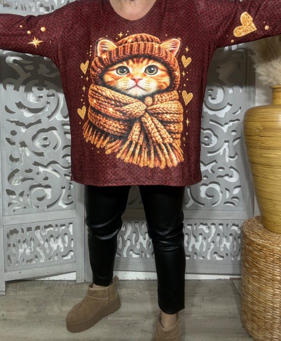 Tunique trapèze grenat toucher velours Le petit chat en hiver douceur +++ du 40 au 54 