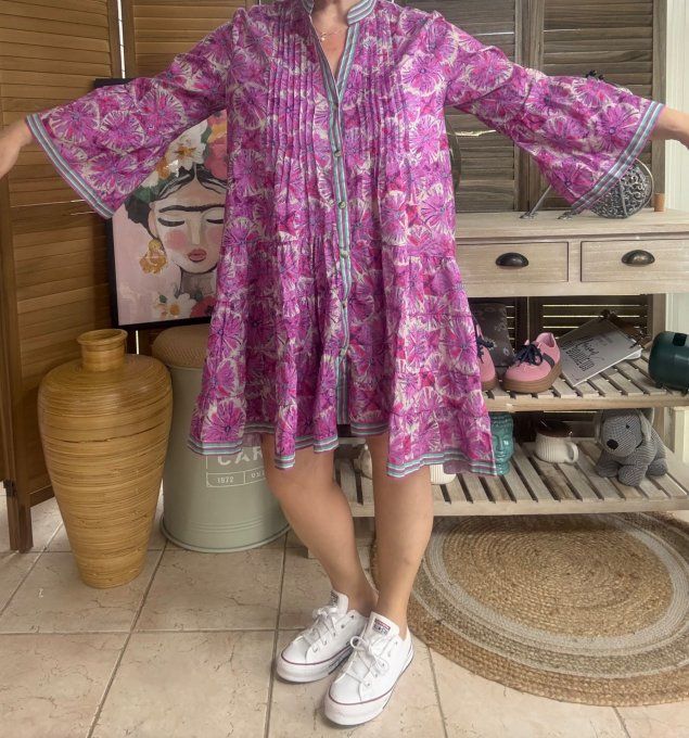Robe courte trapèze fuschia Grandes Fleurs Estivales du 36 au 44