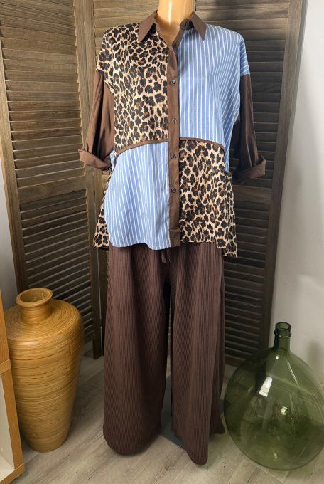 Chemise ample chocolat Chambray rayé et Léopard du 38 au 48 