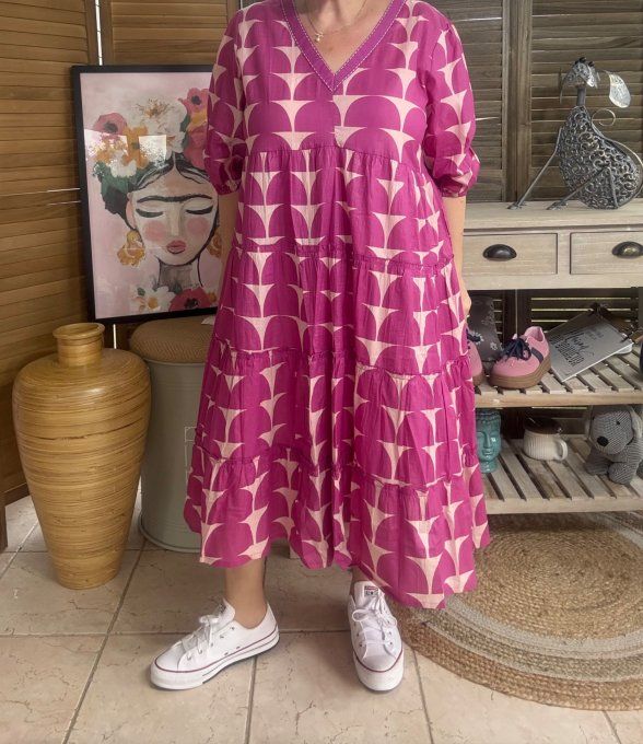 Robe longue trapèze fuschia et rose poudré pailletée Esprit Ethnique du 36 au 46  