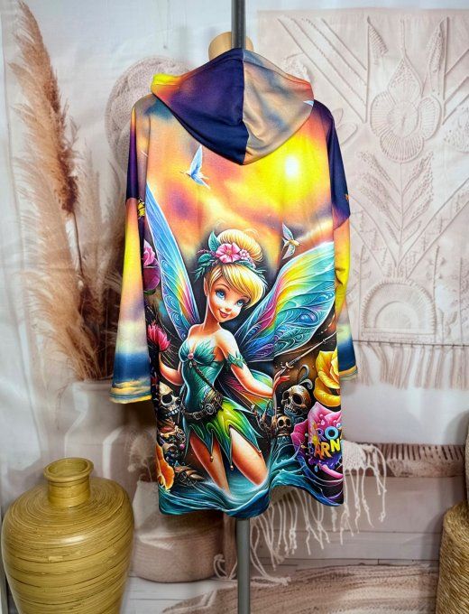 Robe-sweat trapèze à capuche multicolore Fée Clochette Tattoo du 40 au 50/52  