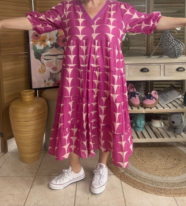 Robe longue trapèze fuschia et rose poudré pailletée Esprit Ethnique du 36 au 46  