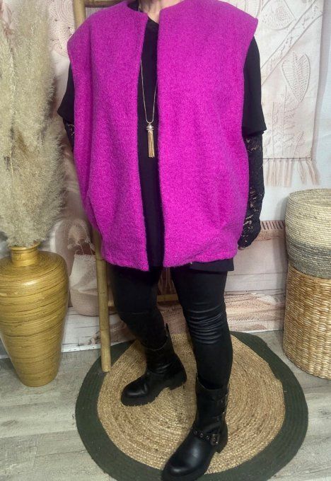 Veste sans manches façon laine bouillie rose fuchia chiné du 40 au 50/52
