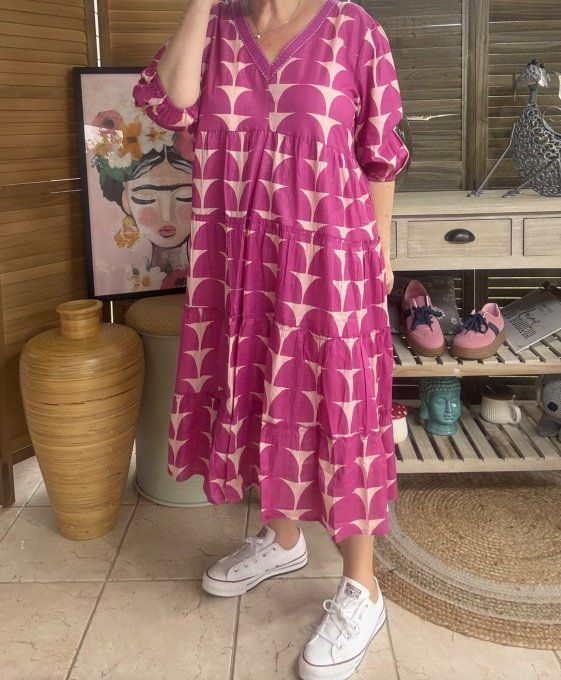 Robe longue trapèze fuschia et rose poudré pailletée Esprit Ethnique du 36 au 46  