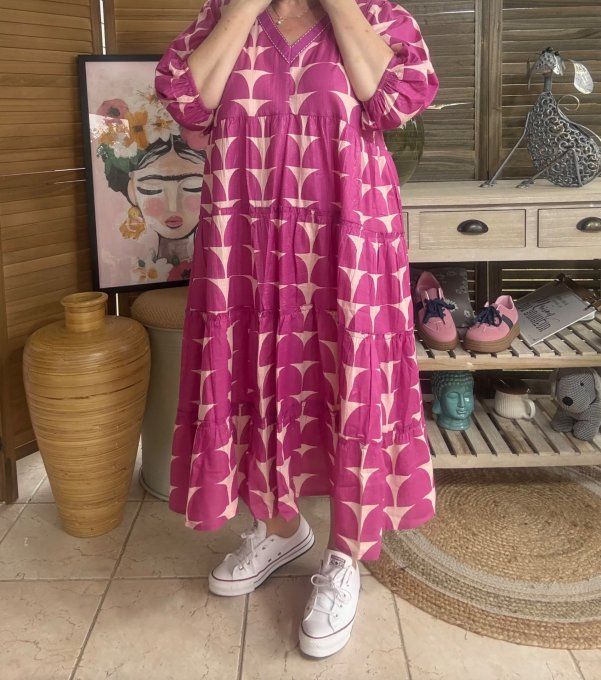 Robe longue trapèze fuschia et rose poudré pailletée Esprit Ethnique du 36 au 46  