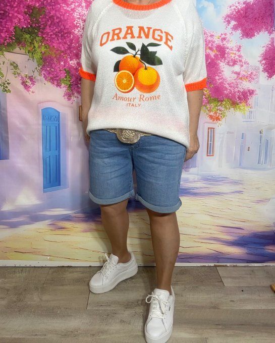 Pull fin SANS LAINE blanc & orange fluo Les Oranges Rome Italy du 40 au 50/52