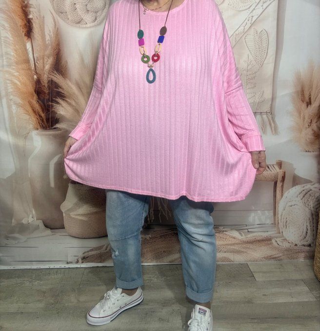 Tunique oversize côtelée rose bébé + collier douceur +++  du 42 au 58/60 et même +